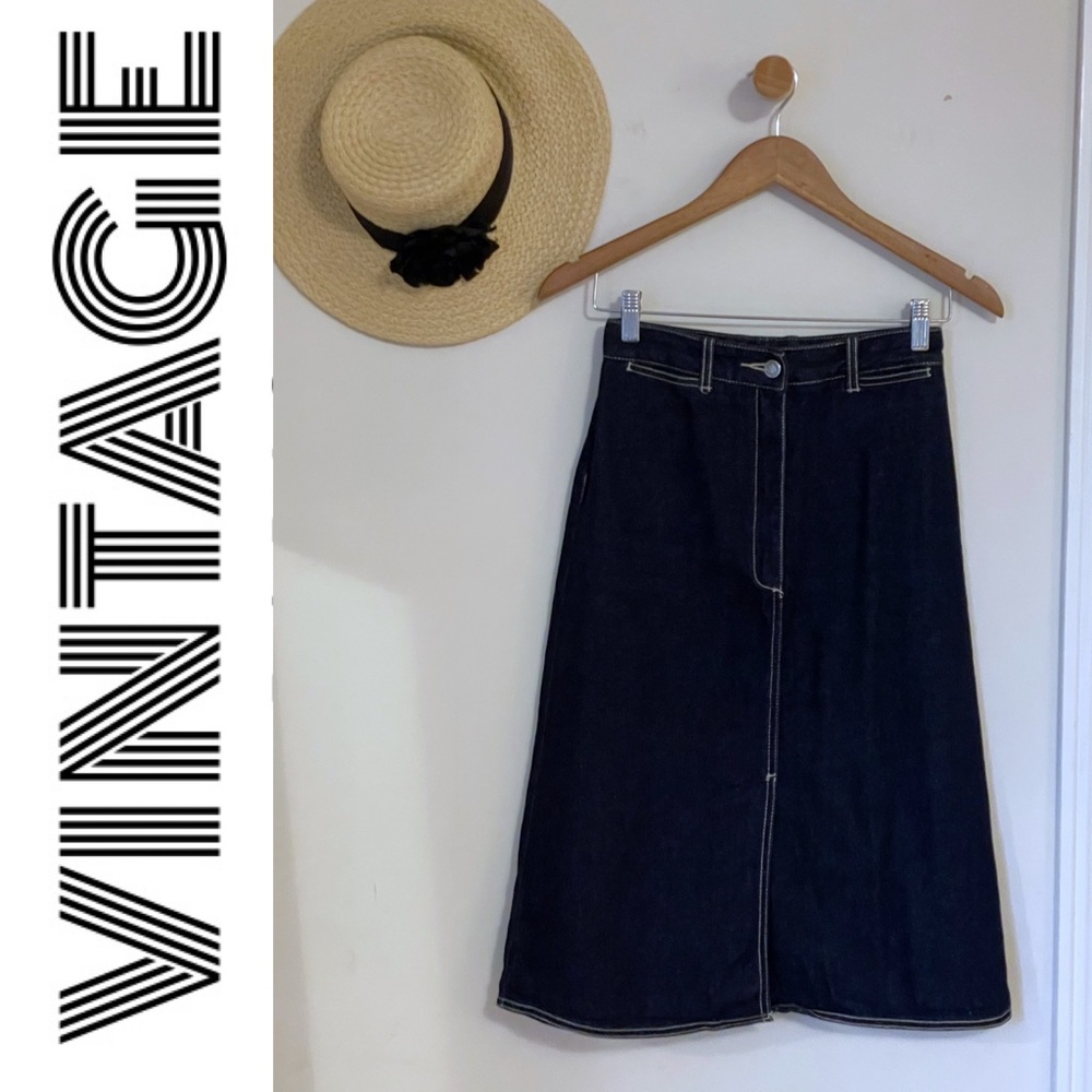 Vintage 1970s Jordache dark wash a-line midi denim skirt with front middle slit